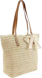 Bolsas de praia de palha para mulheres, bolsa de ombro de palha casual de verão com zíper de grande capacidade para férias