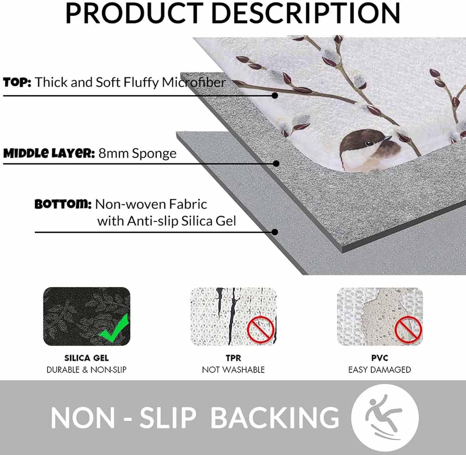 Bird Bath Rugs Willow Branches and Birds Chickadee Microfiber Bathroom Mat Soft Plush Shaggy Shower Mat for Bathroom Fluffy Comfortable Water Absorbent Carpet Non-Slip Machine Washable 20"X30"