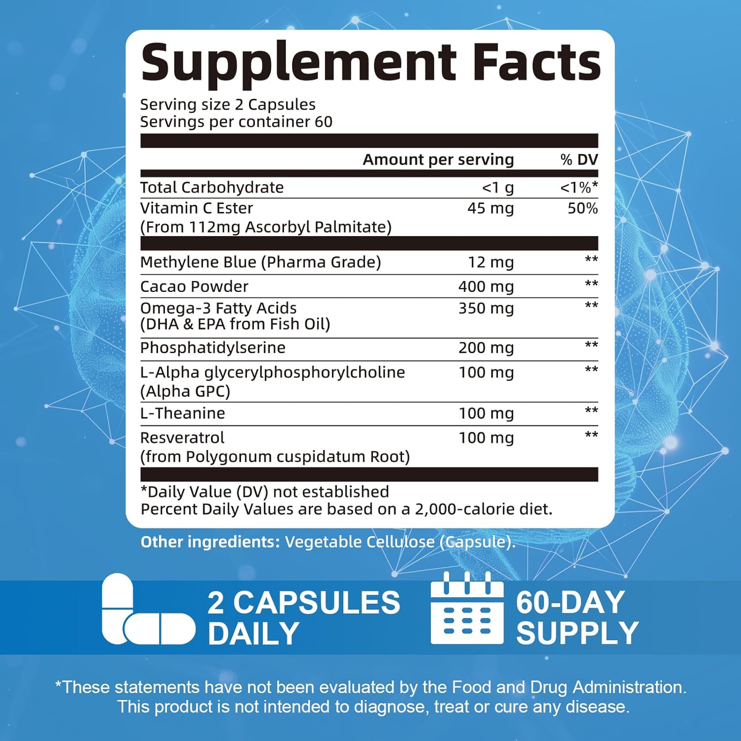 USP Pharmaceutical Grade Methylene Blue Capsules, Blue Methylene with Resveratrol, Brain Supplement for Humans, Memory, Focus & Cognitive Support, 120 Capsules - Image 7