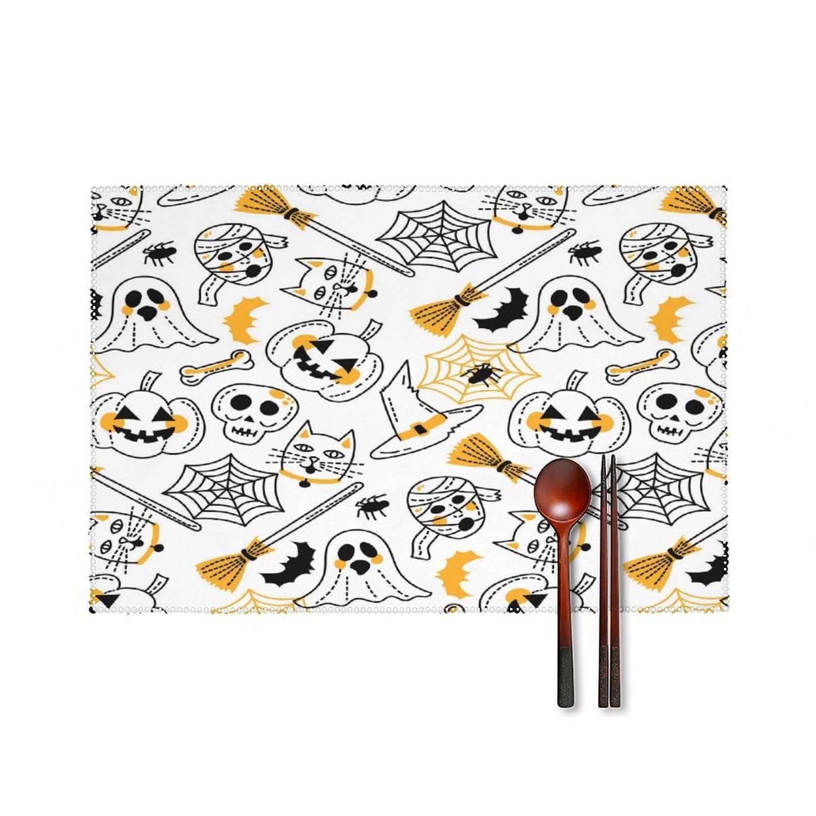 Bat Ghost Placemats Set of 6 Washable Farmhouse Dining Table Mat Non Slip Heat Resistant Non-Slip Place Mats Easy Clean Table Protective Placemats for Indoors & Outdoors