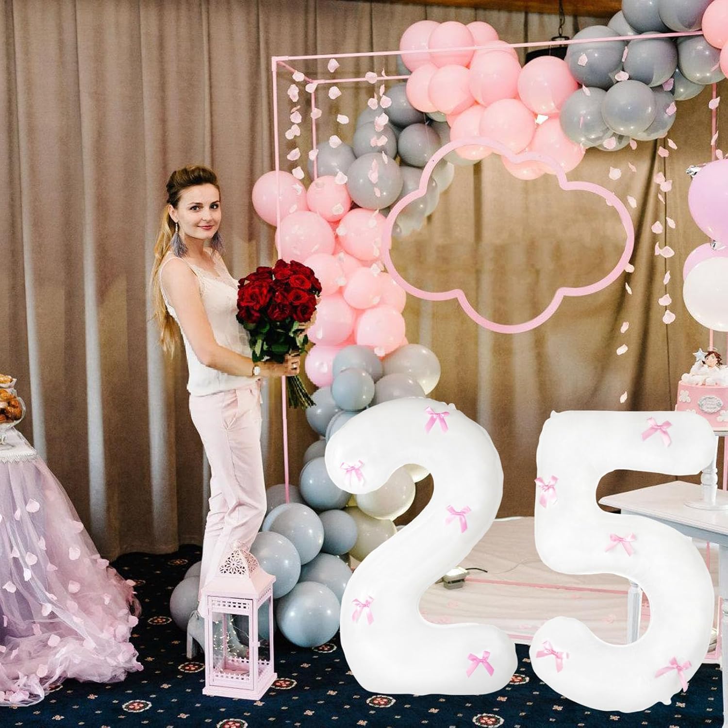 40 Inch White Number Balloons with Pink Bow Coquette Birthday Decorations Giant Number 5 Foil Balloon For Girl’s Pink Bow Birthday Party, Anniversary, Wedding, Proposal, Graduation Decor - Image 4