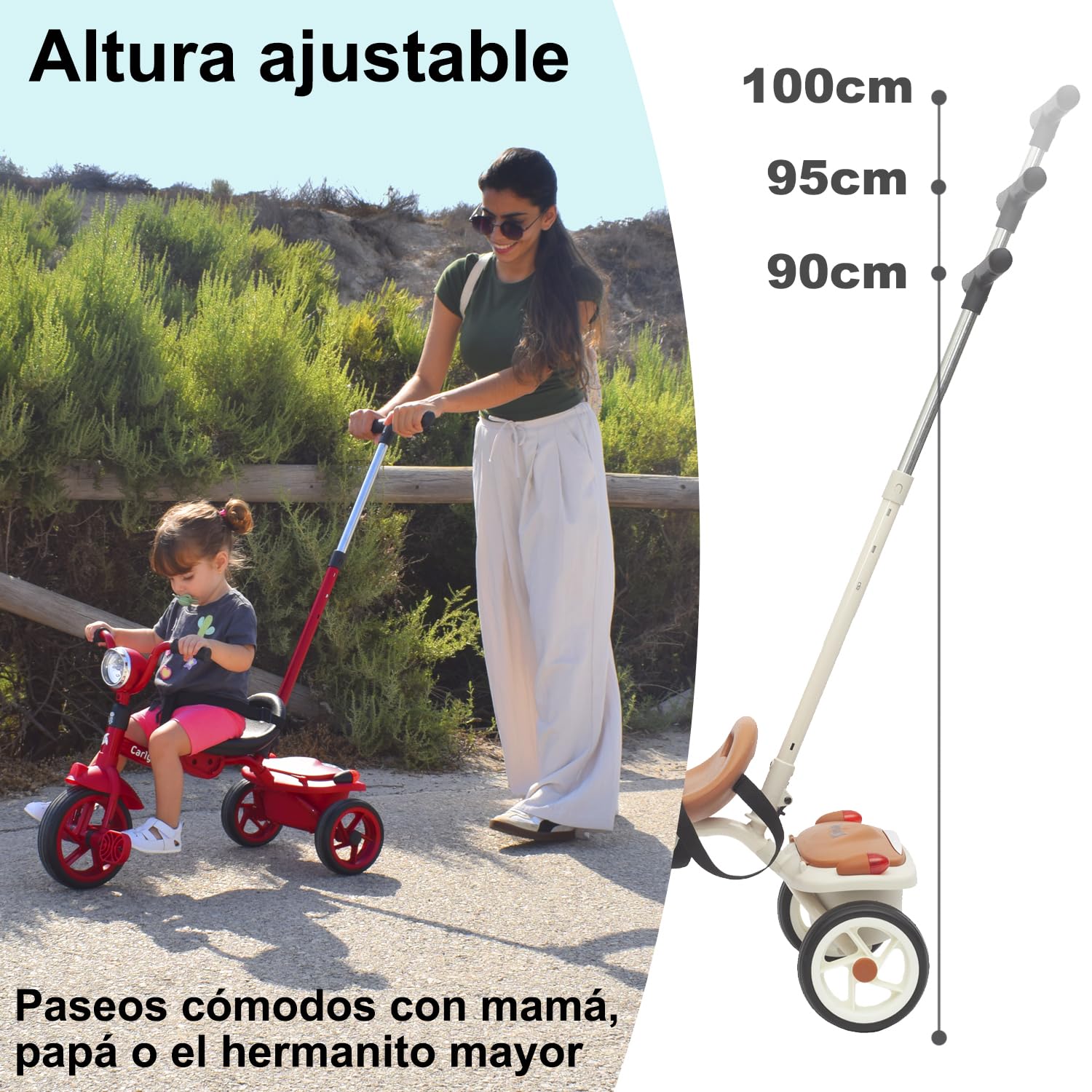 Twinly Triciclo Evolutivo Plegable Carly, Blanco, 1-5 Años | Ligero y Compacto, Manillar con Luz y Sonido, Cesta Incluida, Barra de Empuje Ajustable