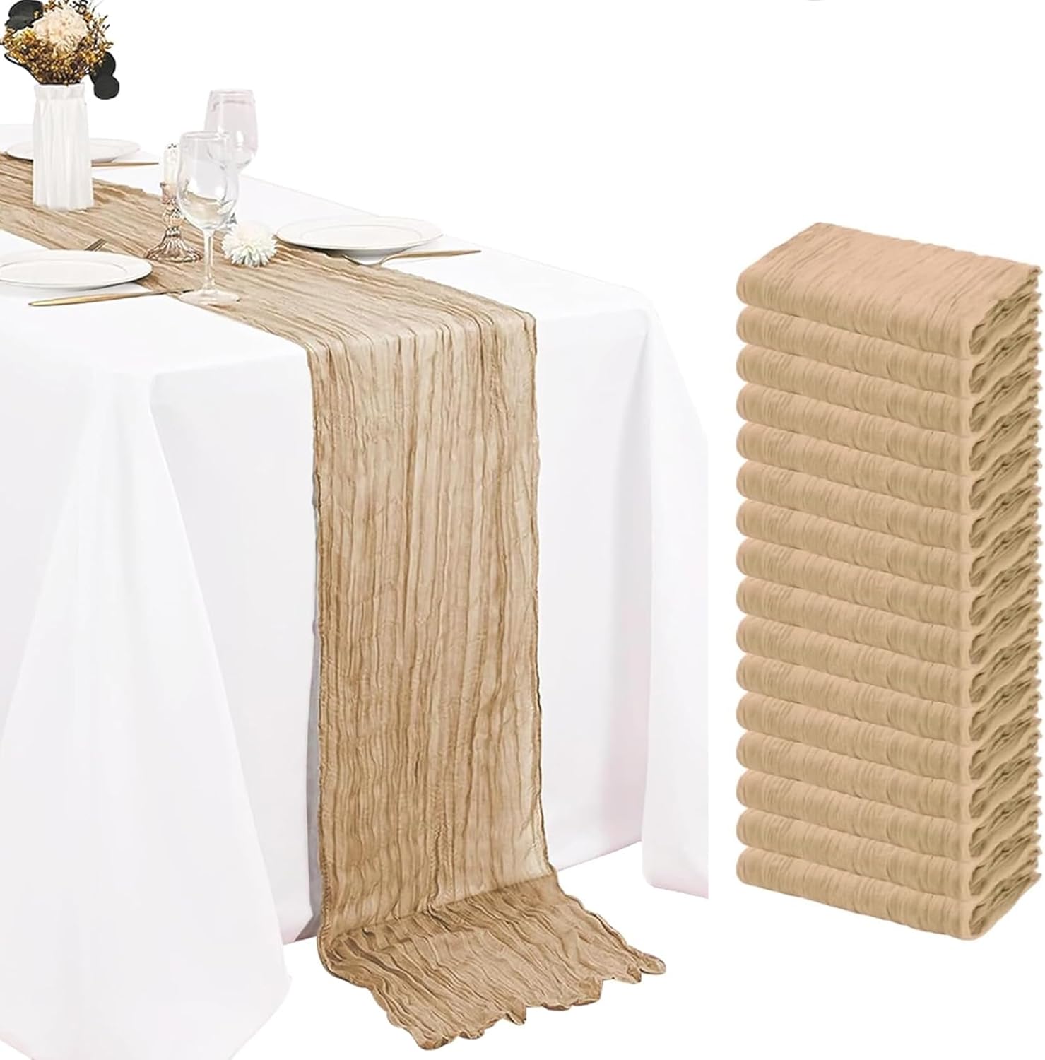 16 Pack Beige Cheesecloth Table Runner, 20 x 120 inch, Rustic Gauze, Boho Fabric, Wedding Party, Baby Bridal Shower