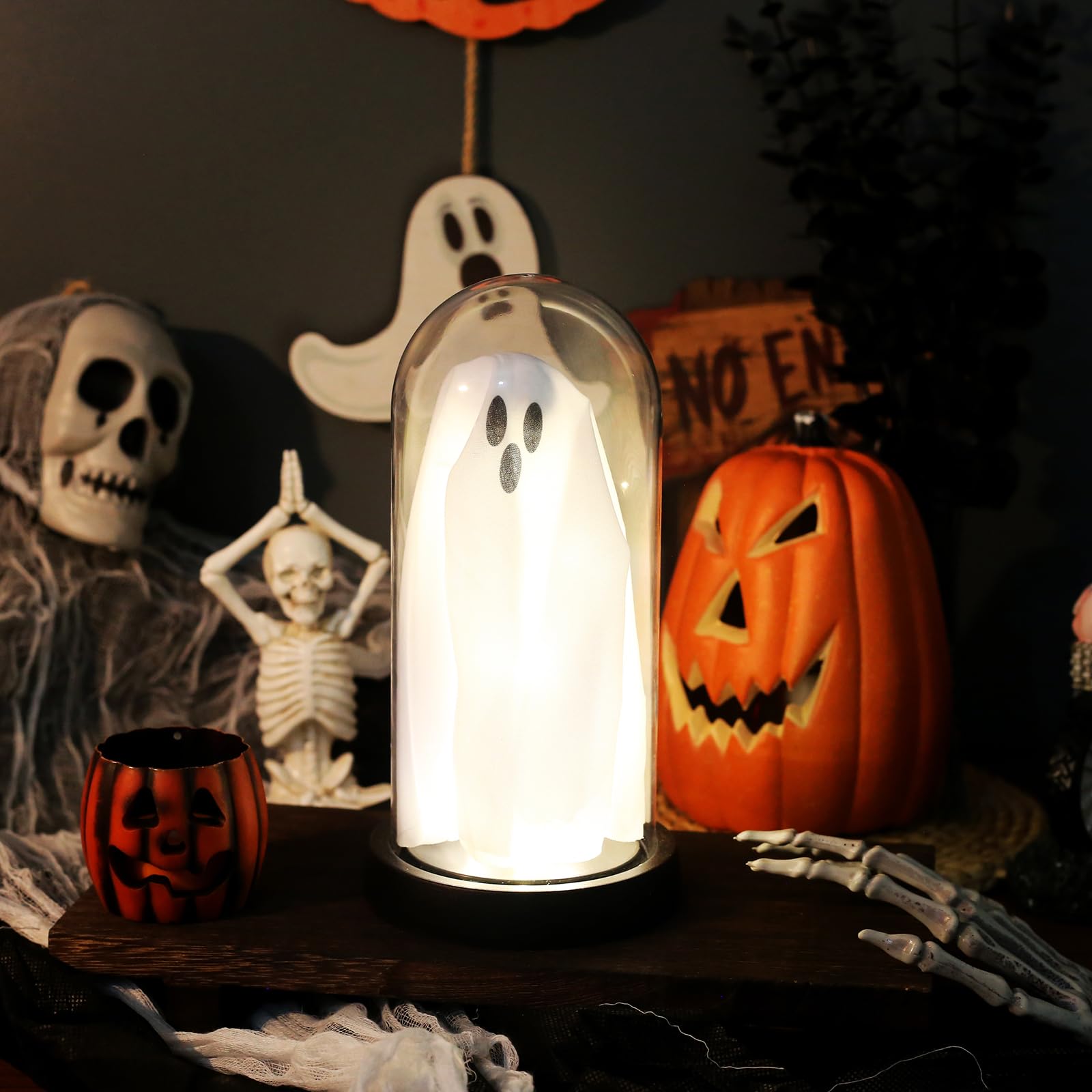 Dekoracja na Halloween rozświetlający duch w kopule klosz oświetlony duch do domu na kominek blat przyjęcie świąteczne dekoracje stołu dekoracje wewnętrzne