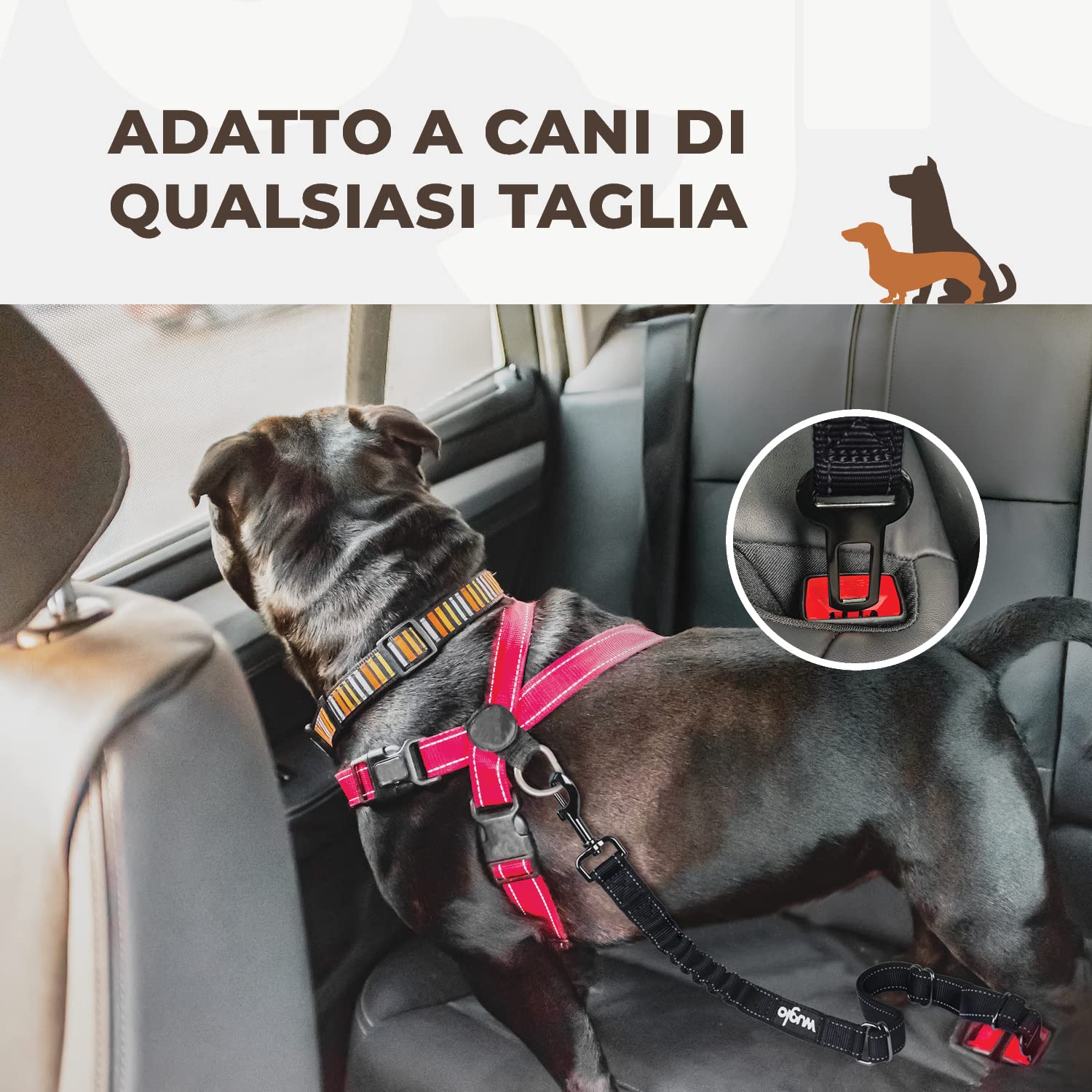 Wuglo Cintura per Cani Auto da 30 a 95 cm - Cintura di Sicurezza per Cani Elasticizzata - Cintura Auto per Cani con Attacco Spesso - Guinzaglio Auto per Cani Universale (Nero)