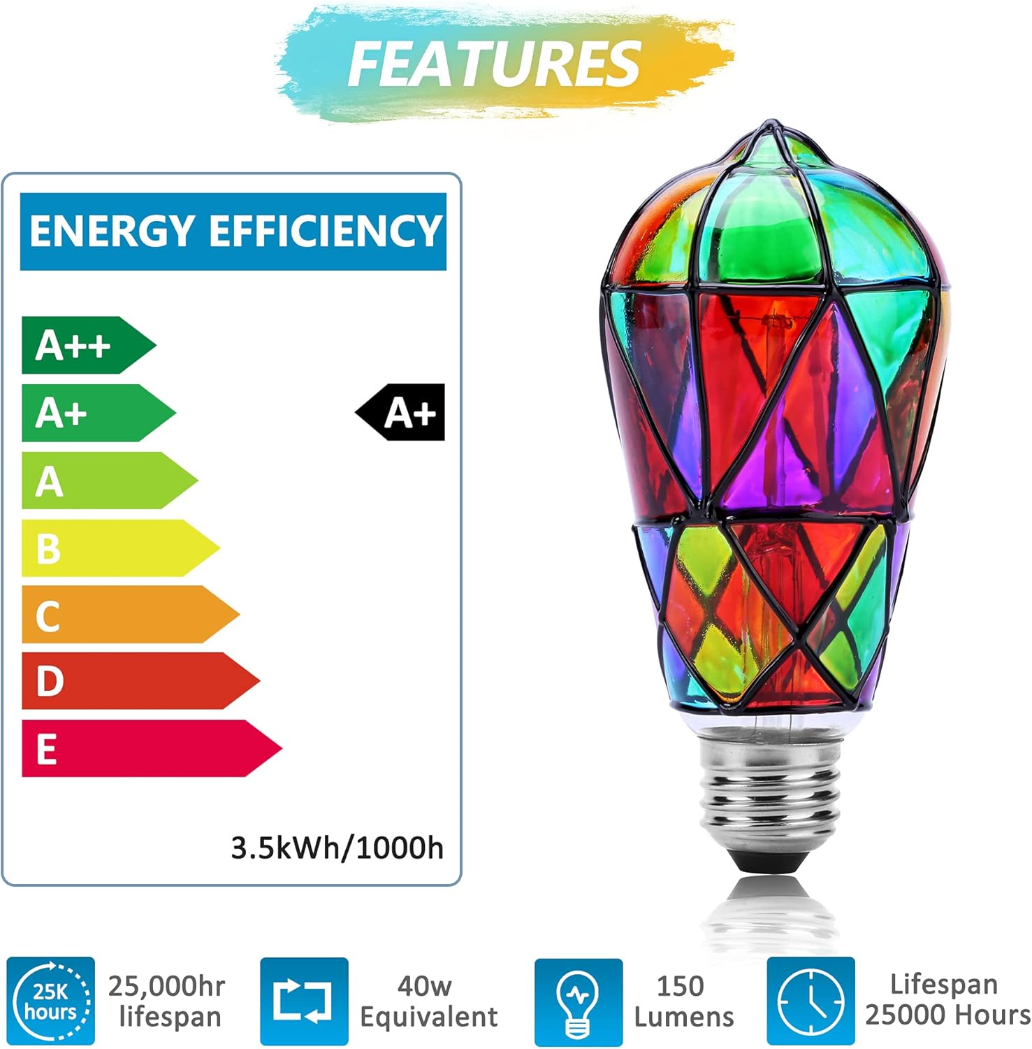 2 Pack Stained Glass LED Light Bulb, Dimmable E26 Medium Base, ST64 3.5W LED Bulb for Home Party, Balcony, Garden, Christmas Halloween Decoration