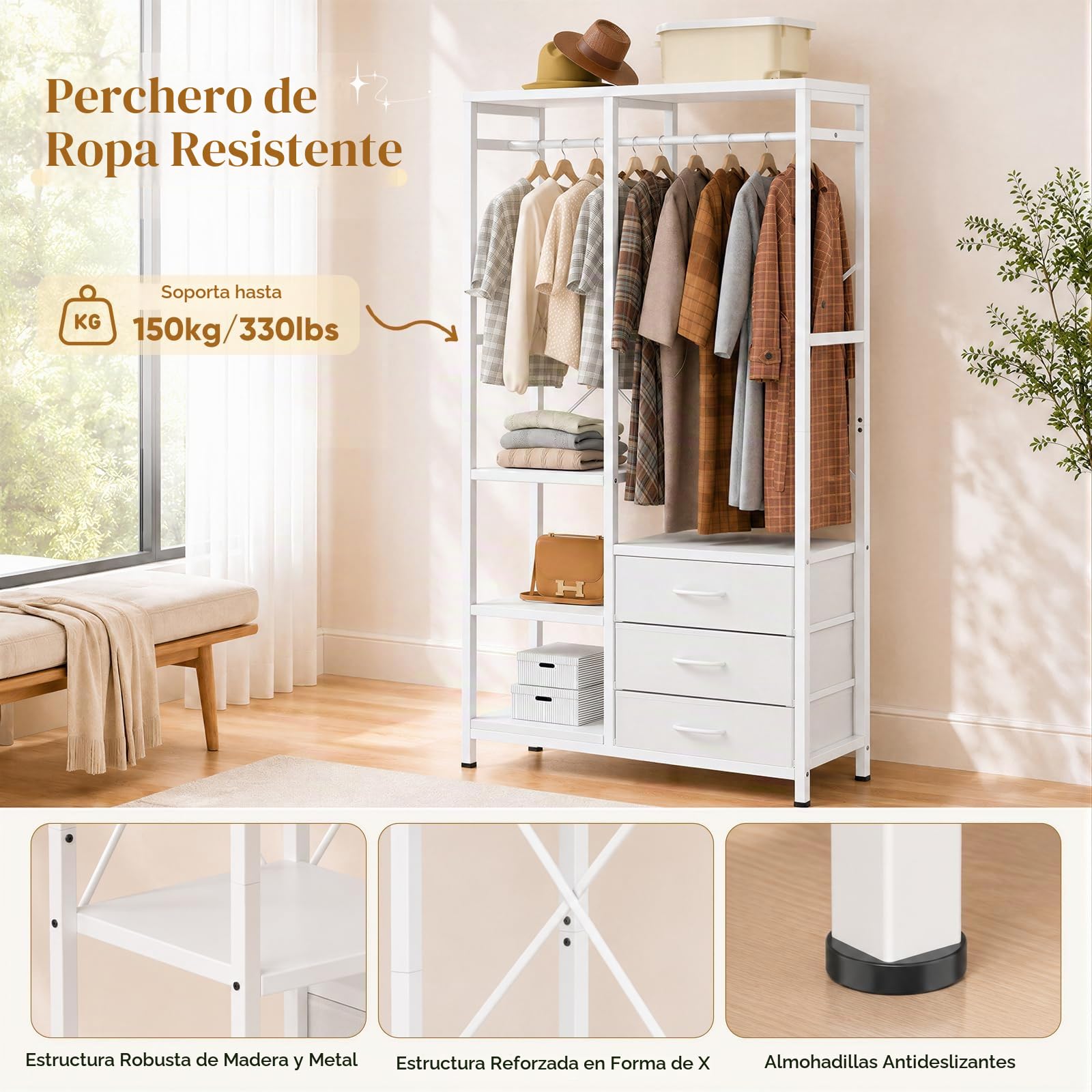 Armario Abierto con 3 Cajones y Perchero, 150 kg, Diseño Reversible
