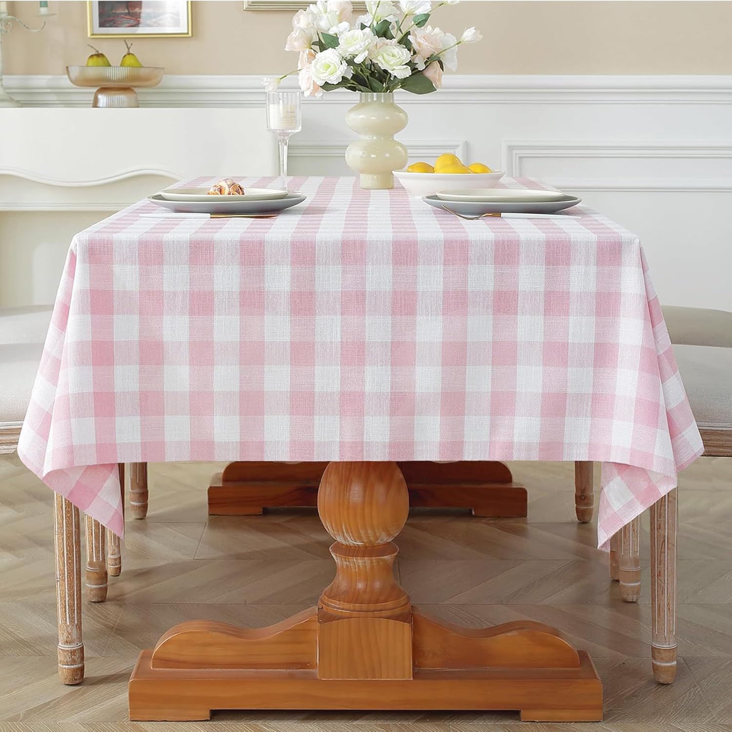 Laolitou Pink Gingham Table Cloth Rectangle Tables Buffalo Plaid Checkered Tablecloth Cotton Linen Farmhouse Tablecloths Washable Wrinkle Free for Baby Shower Picnic Kitchen, 60"x120" 10-12 Seats