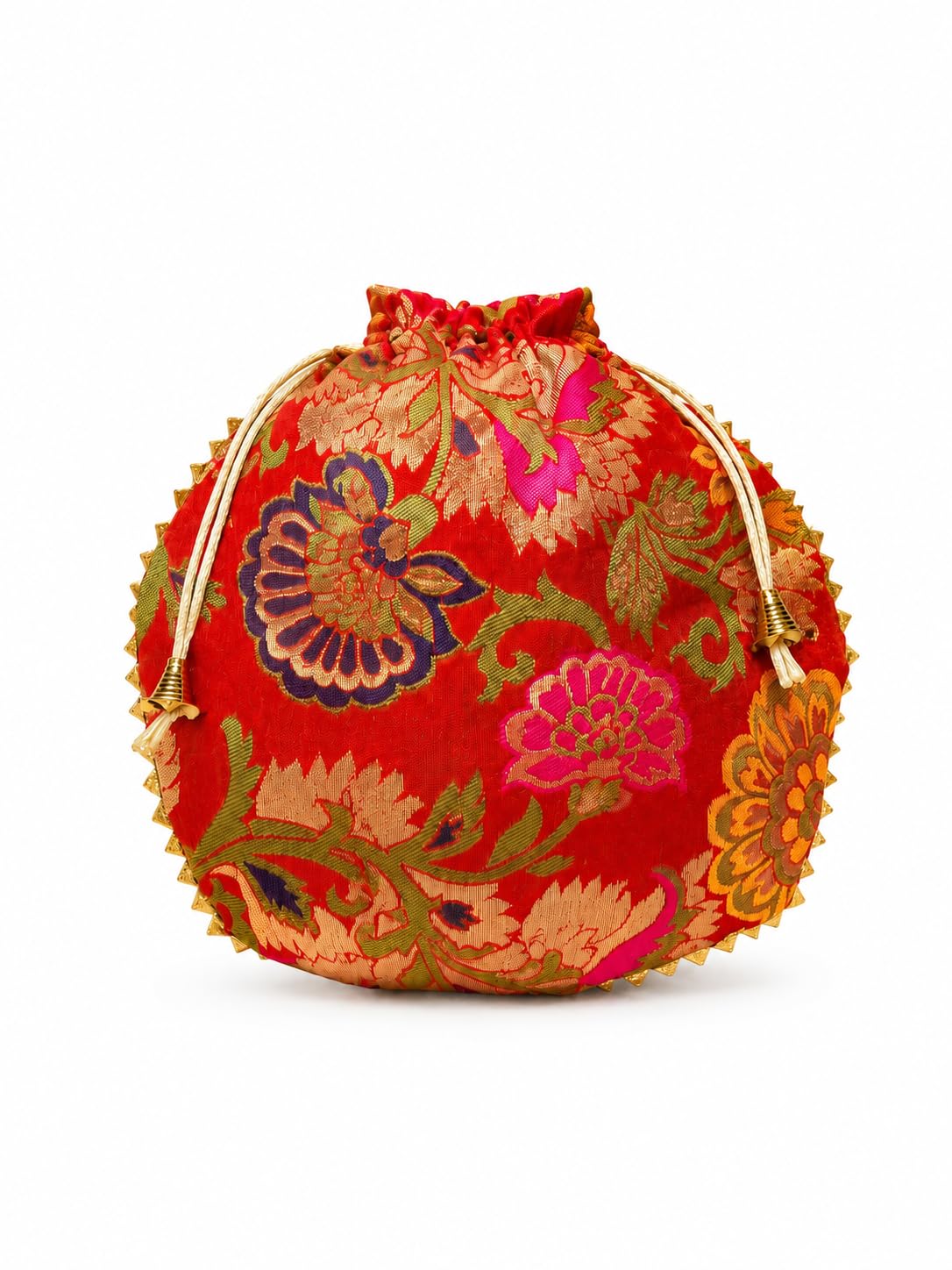 JDDCART Bridal Red Banarasi Brocade Potli Bag with White Moti Handle for Weddings & Functions-picture-36