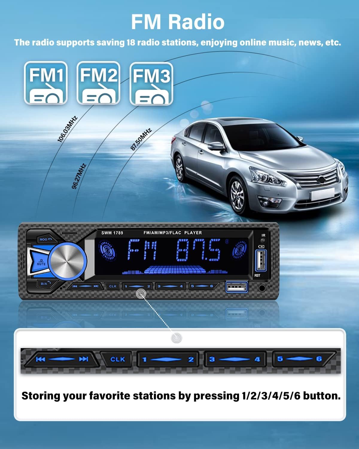 Hikity 1Din Autoradio mit Bluetooth Freisprecheinrichtung, Dualer BT Anschluss, MP3/FM Player mit SD/AUX/2USB und Fernbedienung/7 Farben, 4x60W Verstärker
