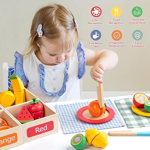 Miniatura 4 de Juegos de comida de madera para niños, accesorios de cocina, juego de corte de frutas y verduras con velcro para niños, comida de juego para niños