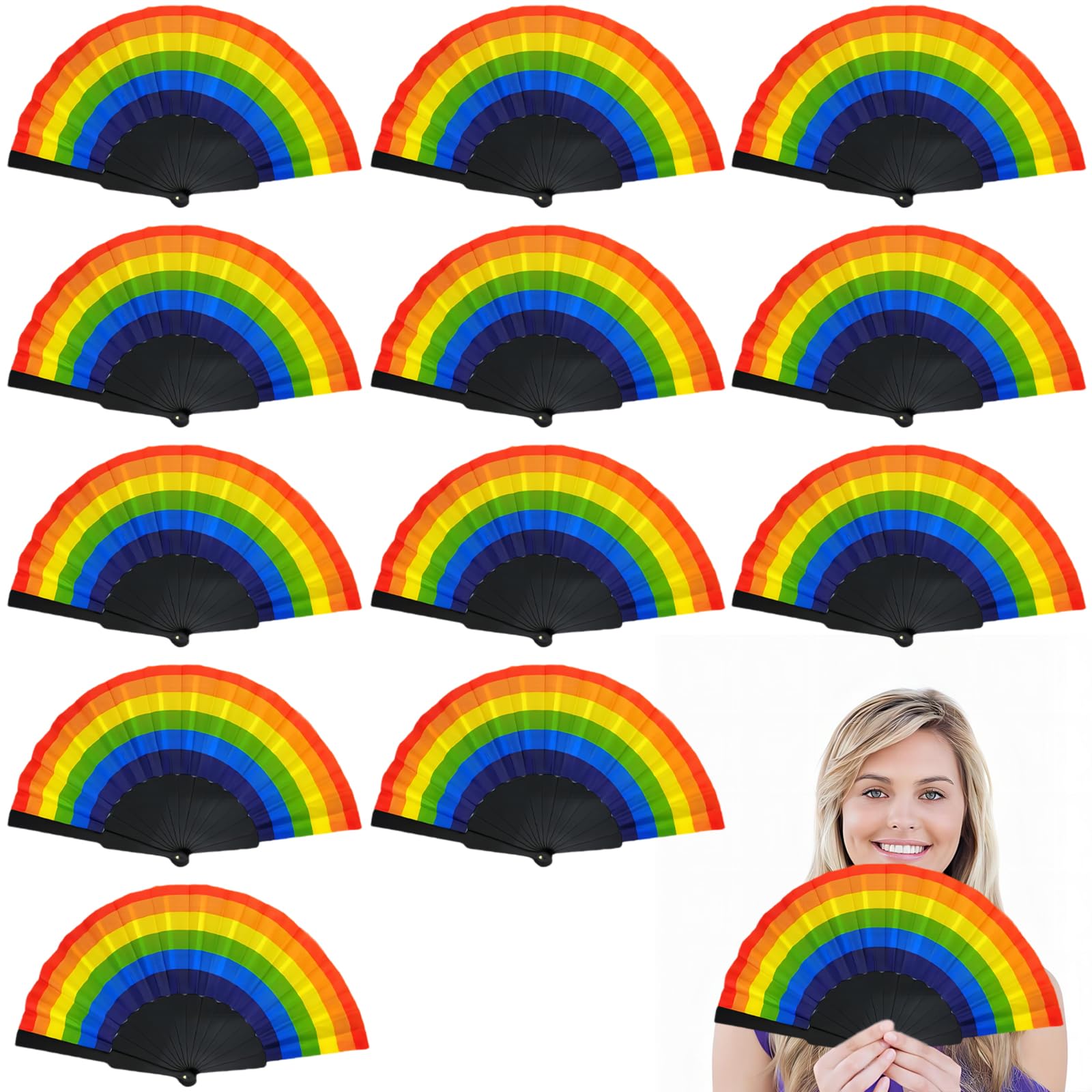 Embhlitfe 12pcs Premium Silk Rainbow Hand Fans - Foldable Fabric Wedding Party Decoration, Bulk Pride Month Gifts for LGBT Birthday Events (Handmade)