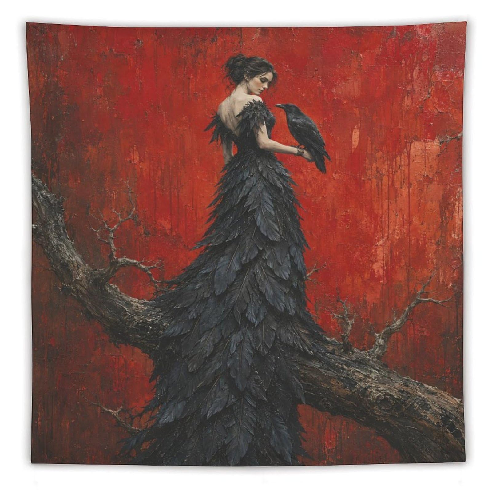 H3B8U2Y5 Raven Woman with Feather Dress Wall Tapestry, Moonlit Stage