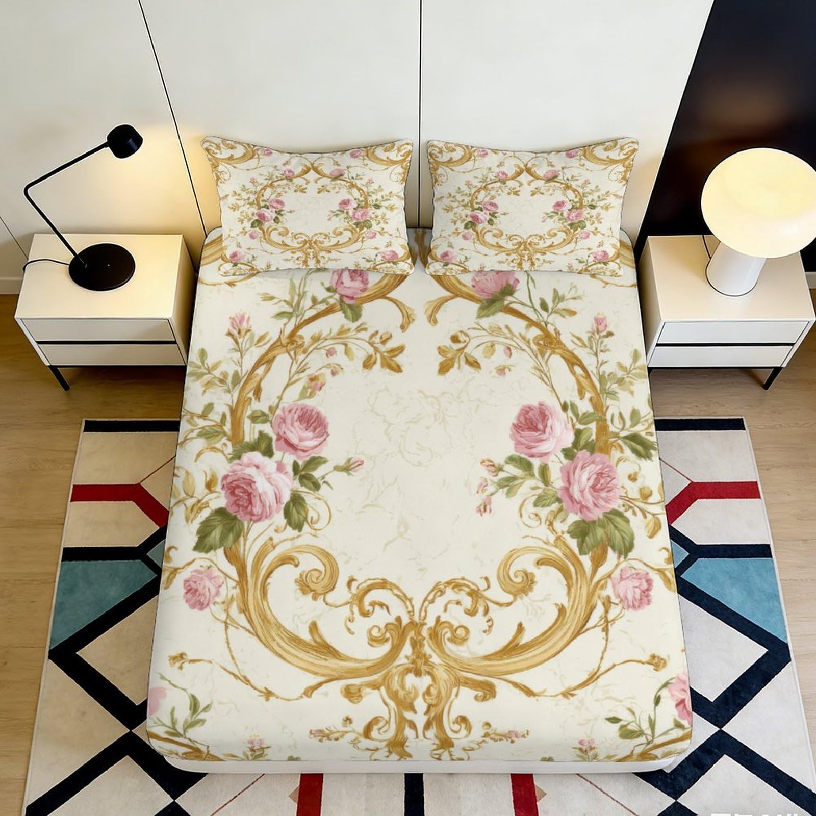 3D Printed Vintage Floral Fitted Sheet Microfiber Soft Breathable Baroque Rose Mattress Cover for Bedroom Dorm Decor 120x200cm 120x200x25cm