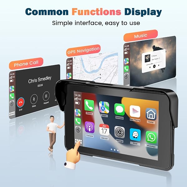 Pantalla Moto Carplay, Inalámbrico CarPlay y Android Auto, 5” Impermeable Táctil GPS Moto con Bluetooth, Navegador, Siri/G00gle Asistente, Supporto Magnetico - Fácil de Instalar y Desmontar - 5