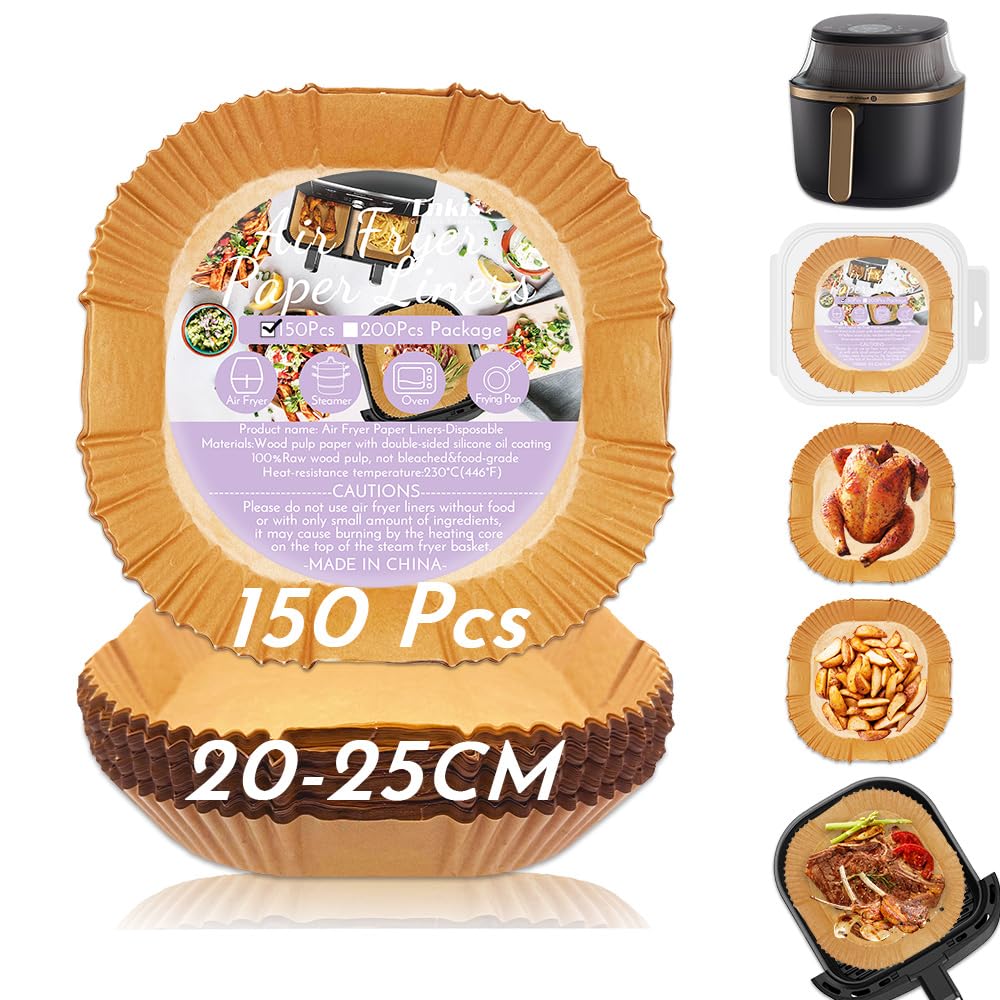 Air Fryer Liners, 150pcs Non-Stick BPA-Free 9.8 inch/25 * 4.5CM Square Disposable Parchment Paper Liner, Great Value Accessory for 5.5L-7.5L Air Fryer (Large 20-25CM) Large-(20-25CM)