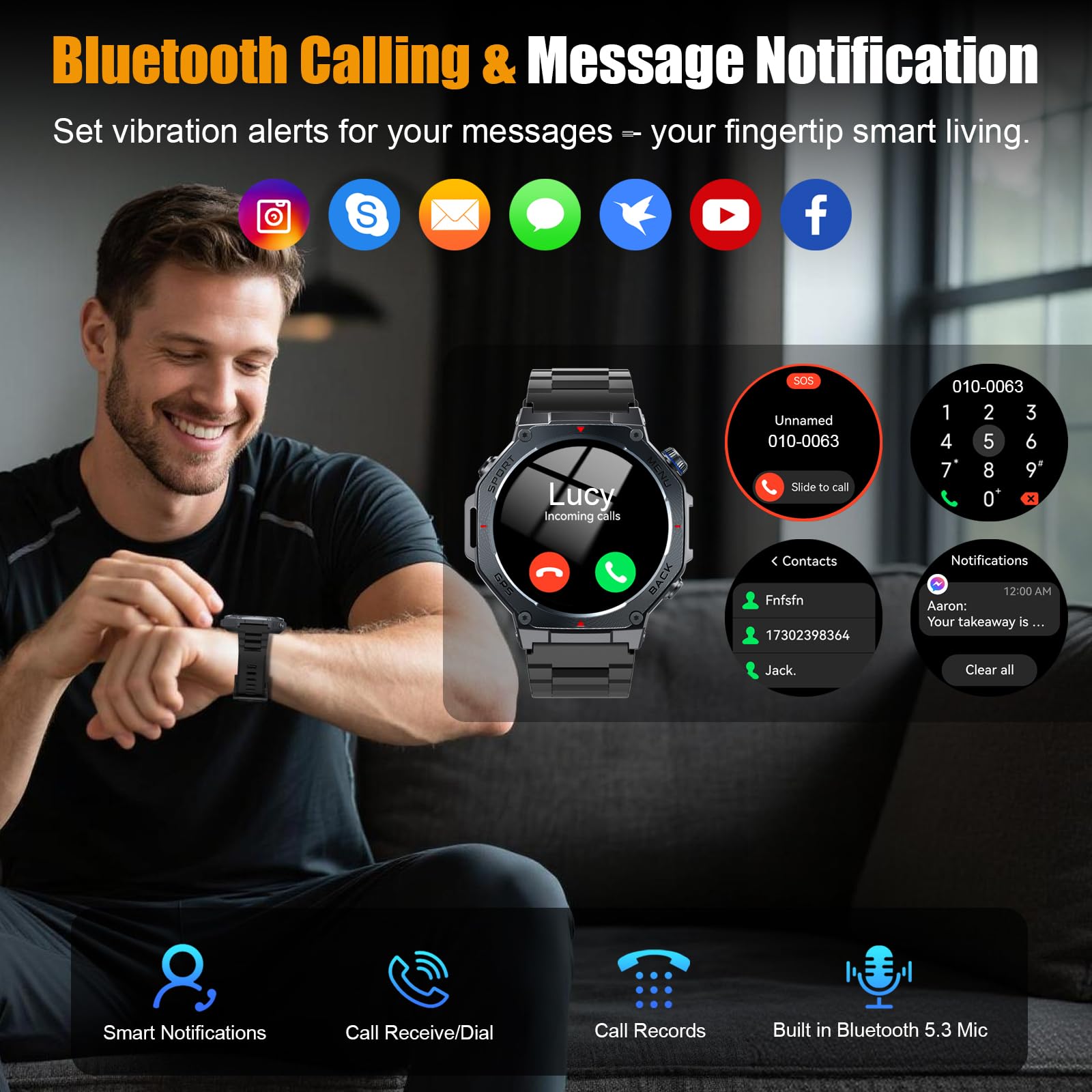 Reloj Inteligente Hombre con GPS, 1.43" AMOLED Militar Smartwatch con Llamadas Bluetooth/Podómetro/Monitoreo de Sueño/Pulsómetro/SpO2, 5ATM smart watch 160+ Deportes Pulsera Actividad para Android iOS