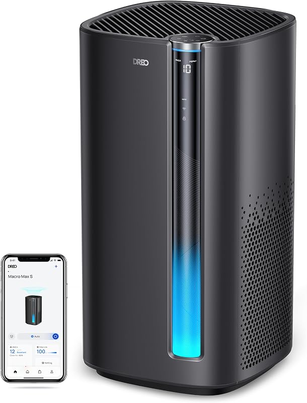 DREO Purificador de aire inteligente para el hogar, filtro lavable, limpiador de aire con Wi-Fi/voz/Alexa, humo, polvo, polen, olor, monitor PM2.5, 4 velocidades de ventilador y modo de suspensión silencioso automático/turbo/18 dB, DR-HAP003AS (Macro Max)
