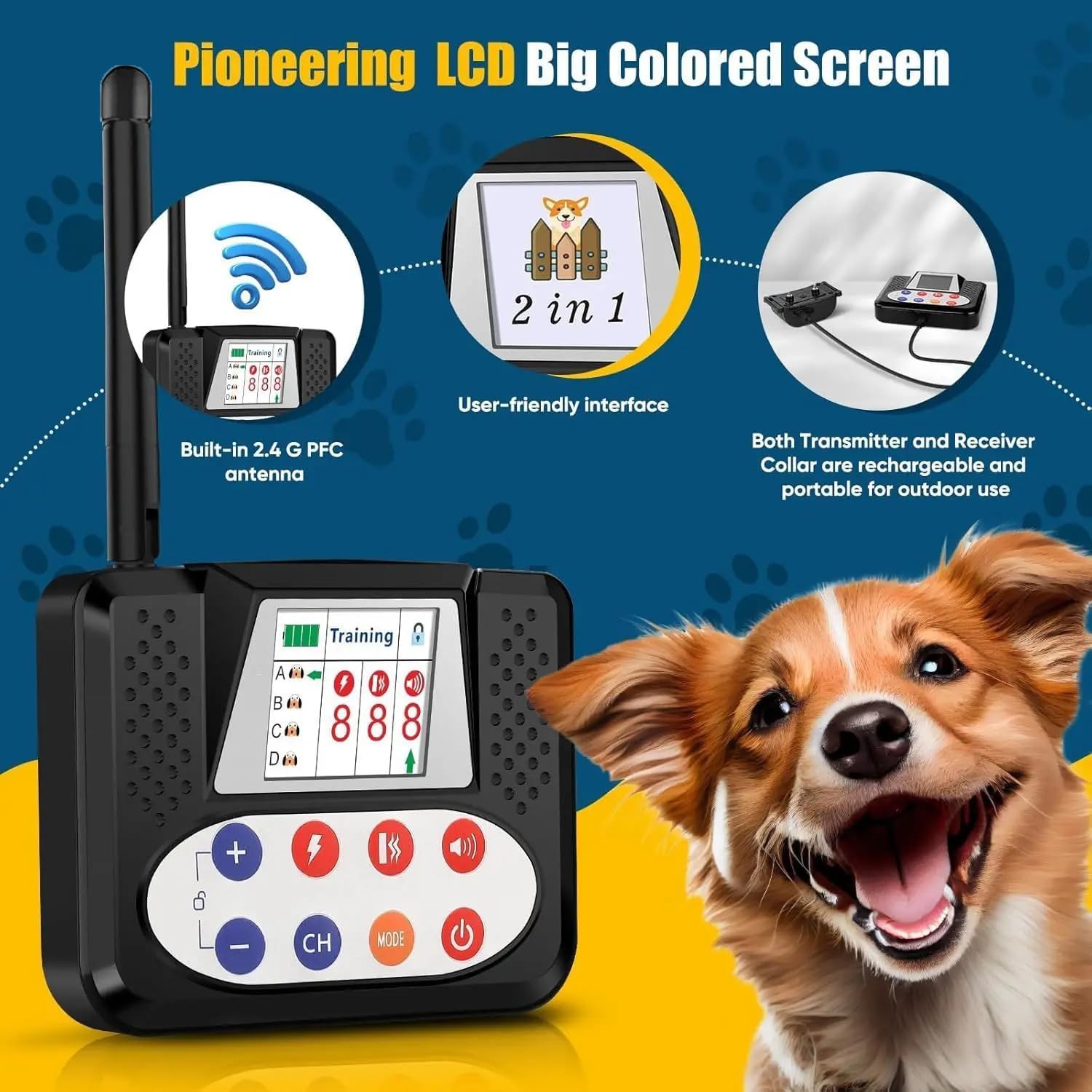 Wireless Dog Fence, Electric Dog Fence & Training Collar with Big LCD Screen, Waterproof and Rechargeable Receiver, Vibration & Shock, Pets Containment System Boundary Container,for1dog