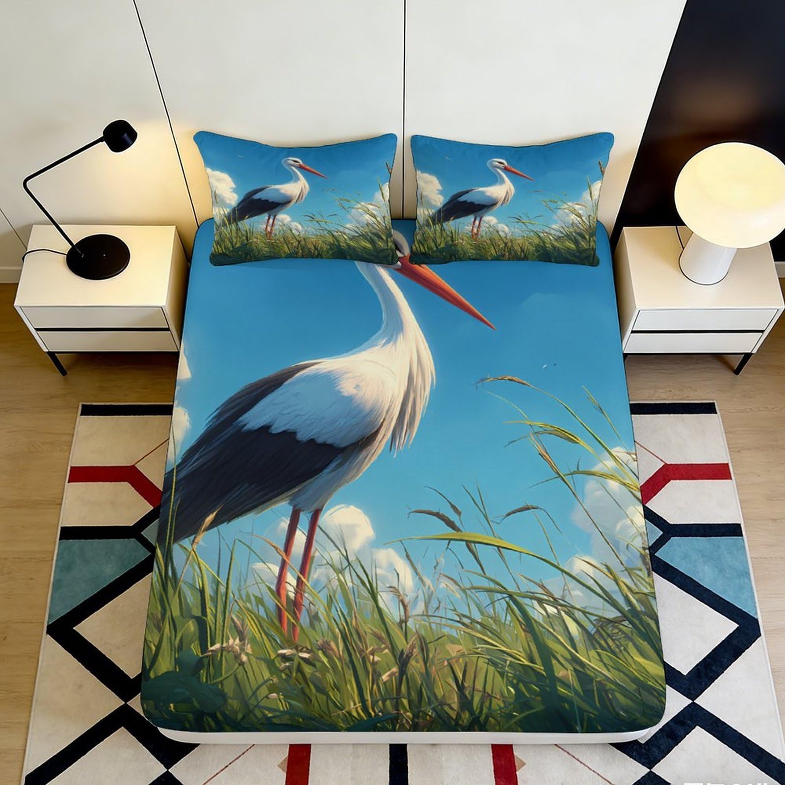 3D Printed White Stork Meadow Fitted Sheet Microfiber Anti-Slip Blue Sky Grass Mattress Cover for Bedroom Guest Room 180x200x25cm