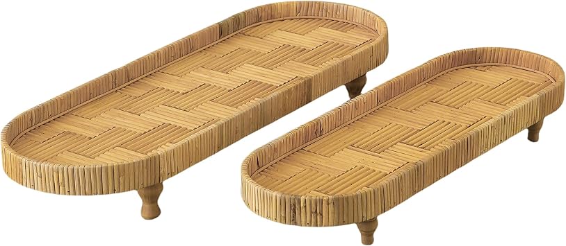 SOFE Set of 2 Long Woven Oval Trays with Footed Legs, Large Decorative Tray