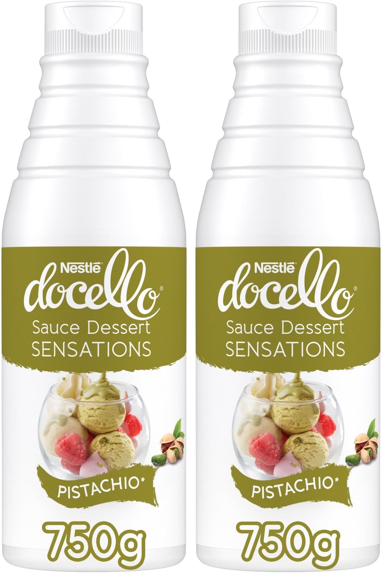 NESTLE DOCELLO Sauce Sensation Pistachio - Sauce Dessert Pistache - Forte Teneur en Pistache (12%) - Aide à la Pâtisserie, Topping, Nappage Gâteau, Coulis - Bouteille Squeeze - 750g (Lot de 2)