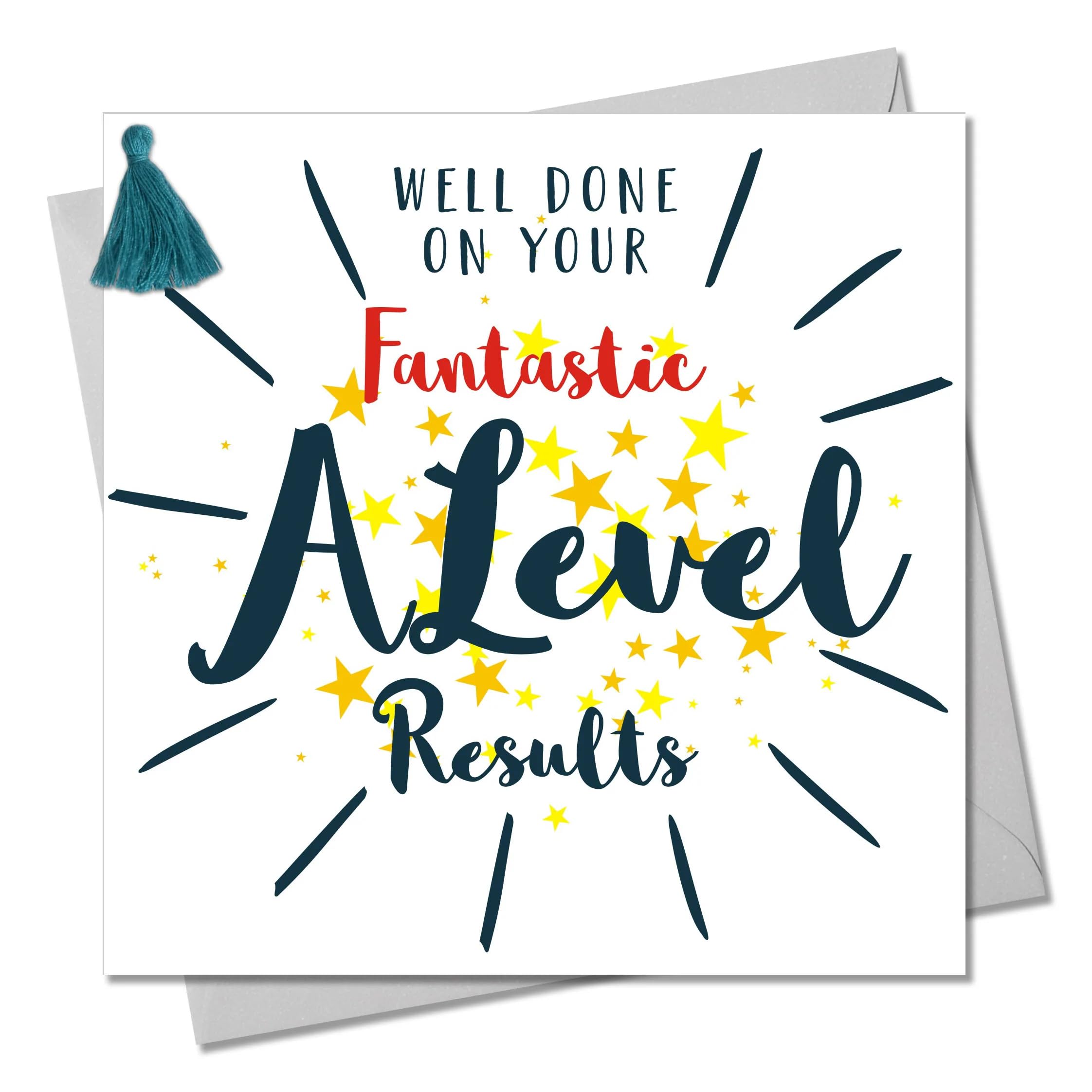 Claire Giles Greeting Cards, A Level Card, Stars design Exam Congratulations Greeting Card, Embellished with a colourful tassel