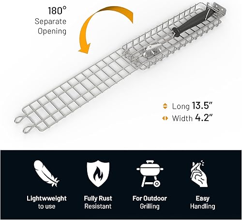Miniatura 2 de Cesta de parrilla de acero inoxidable, rectangular, negra, perfecta para asar al aire libre, verduras, pescado, camarones, brochetas