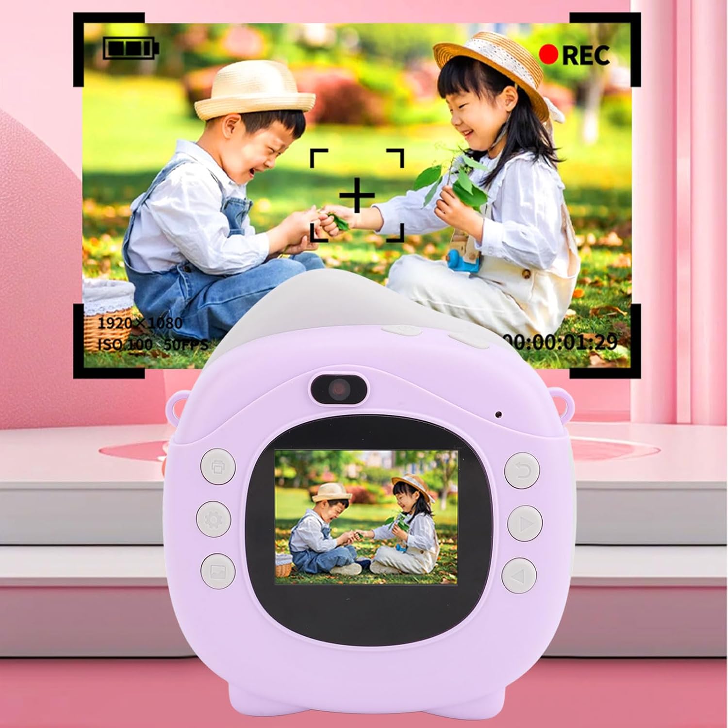 12MP Instant Camera with HD Screen, Selfie Camera, with Fun Photo Frames, for Travel, Sunlight Protecting Screen, Type C Charging Port, with Timer Countdown, for Kids (Purple)