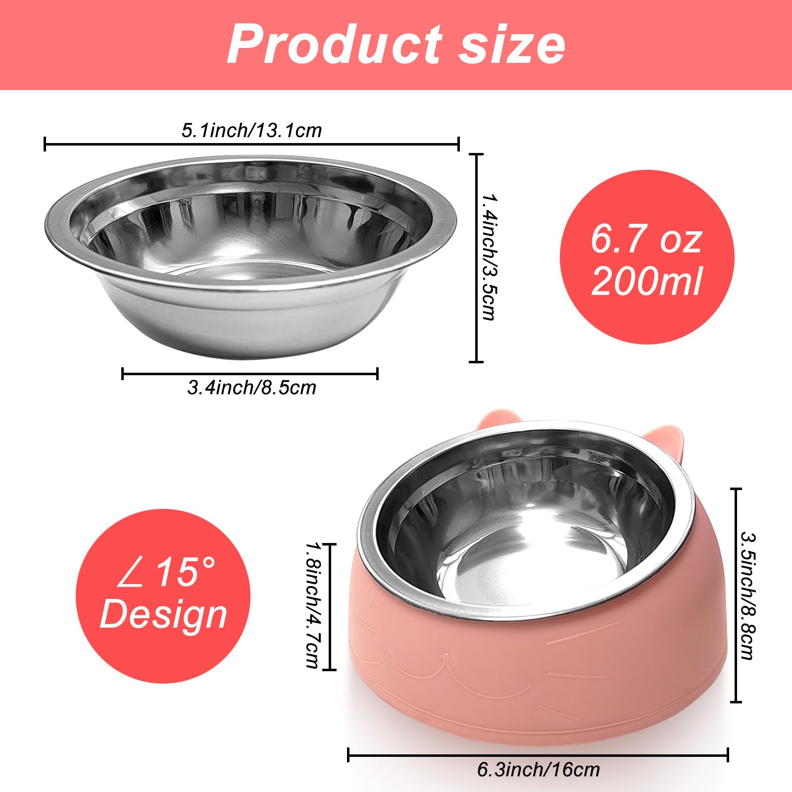 7 ciotole per cibo per gatti in acciaio inox inclinato per cani di piccola taglia rialzati a 15° piatto per animali domestici per gattini cuccioli antiscivolo rimovibile in acciaio inox ciotola per
