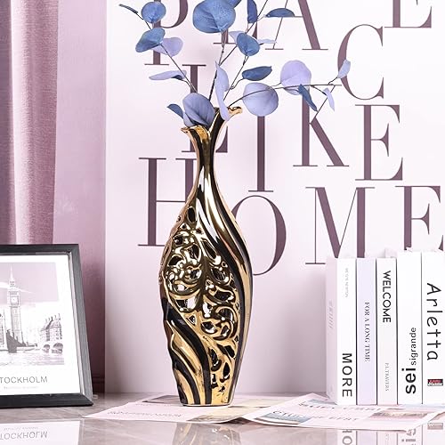 Miniatura 4 de Jarrón de piso de 19 pulgadas de alto, jarrón de cerámica negra y dorada, florero decorativo de cerámica, jarrón único de hierba de las pampas para