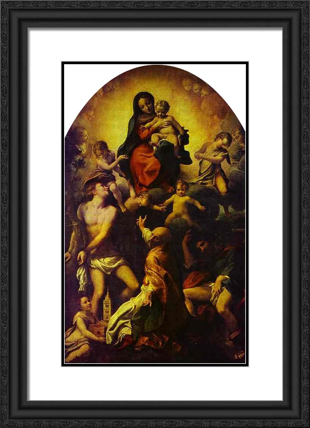ArtDirect Correggio 18x24 Black Ornate Framed Art Print with Double Matting Titled: Madonna and Child with Saint Sebastian