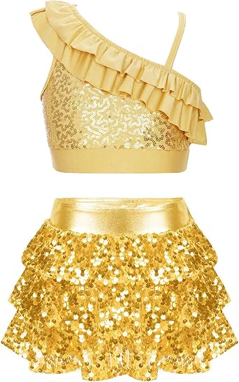 أطفال بنات Sequin Metallic Crop Top مع تنورة مجموعة 2 قطعة موسيقى الجاز اللاتينية الهيب هوب ملابس الرقص زي الأداء