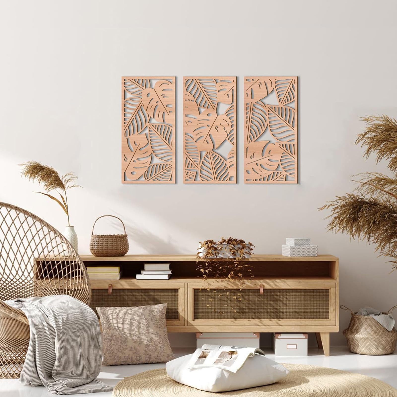 Yixuan 3 Pièces Sculpture Murale en Bois Naturel - Décor Mural Tropical Feuille de Monstera Style Boho Chic - Art Mural Moderne & Léger pour Salon, Chambre, Entrée ou Bureau - 3