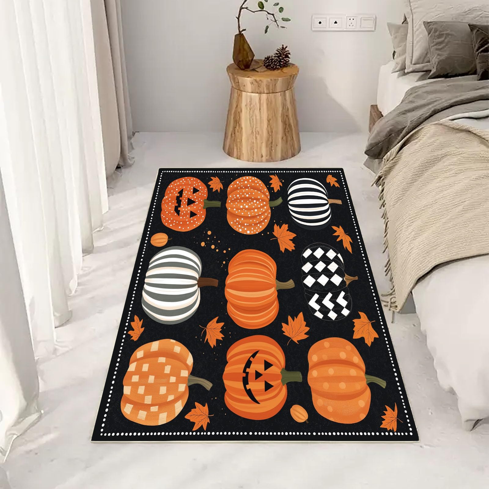 Tapis Halloween 120x160 cm citrouille botanique antidérapant pour salon et chambre