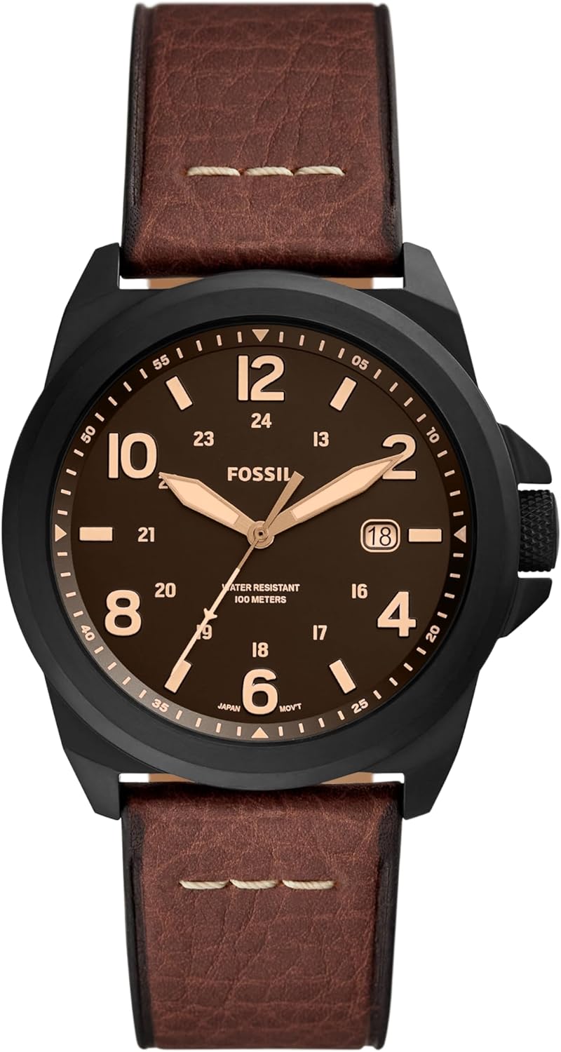 Fossil Men's Bronson Quartz Watch with black dial and brown leather strap.