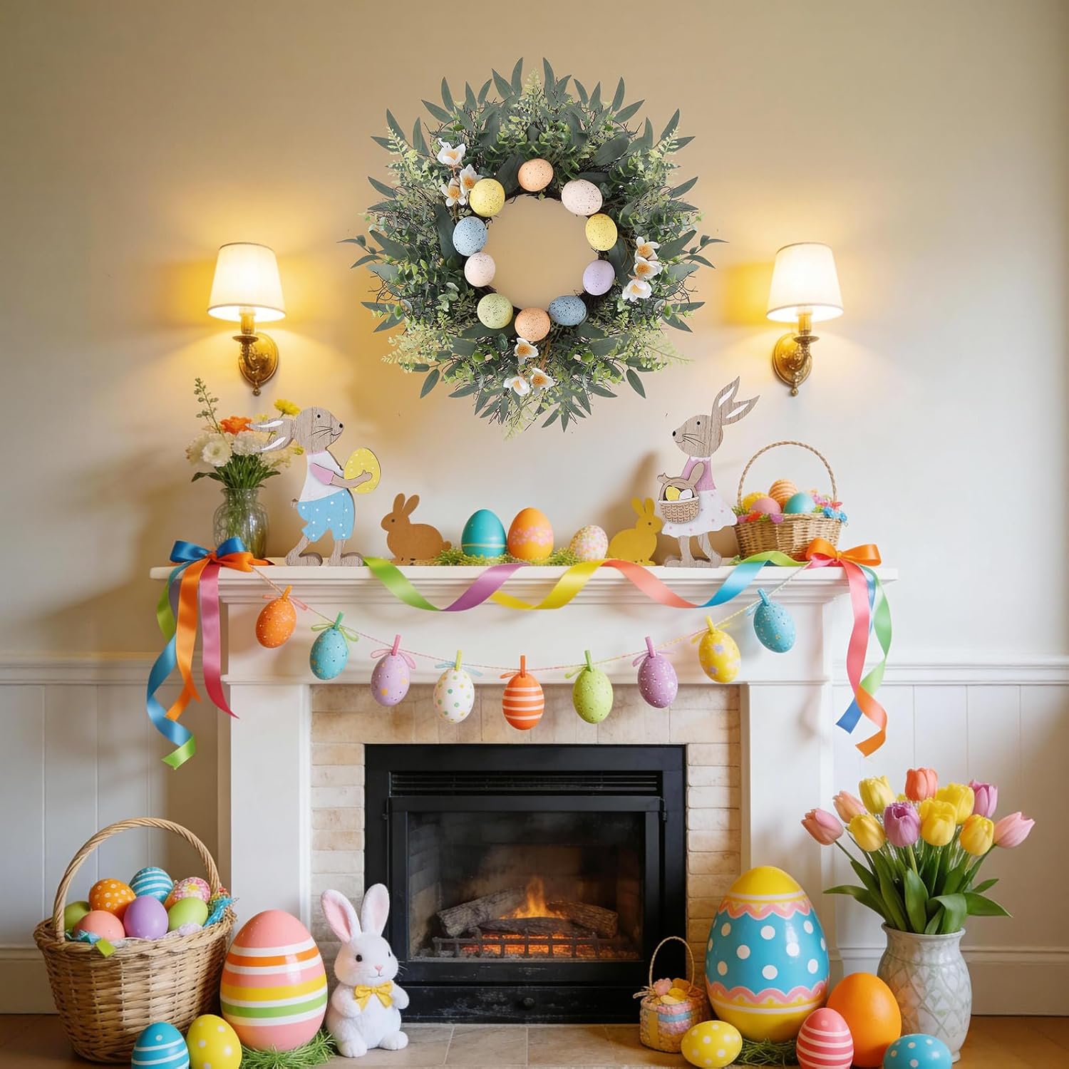 24 Inch Easter Egg Wreaths Decoration for Front Door, Artificial Spring Floral Wreath with Easter Eggs, Leaves for Home Indoor Outdoor Entryway Mantel Window Wall Holiday Party Decor - Image 2