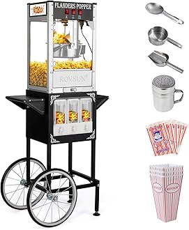 ROVSUN Popcorn Machine with Cart, Wheels & 8 Ounce Kettle Makes Up to 32 Cups, Popcorn Maker w/Candy Dispensers Scoop Oil Spoon & 3 Popcorn Cups Movie Theater Style for Commercial Home, ETL Certified