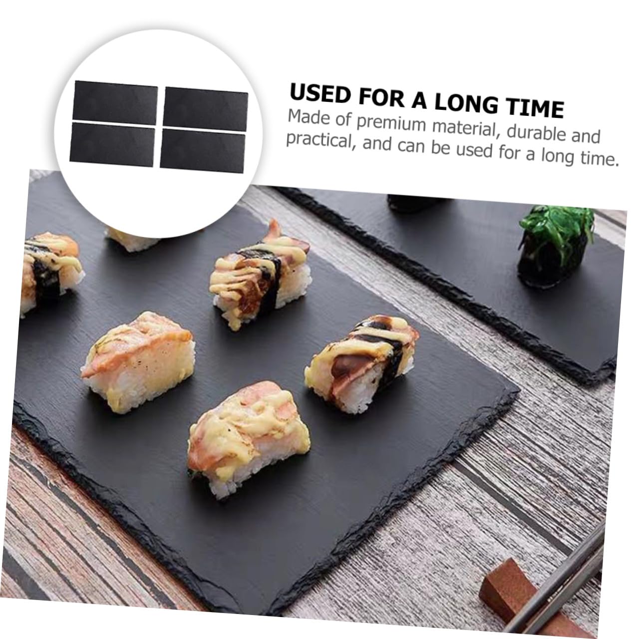Assiette à Sushis en Ardoise Naturelle Noire, Lot de 4, Rectangulaire