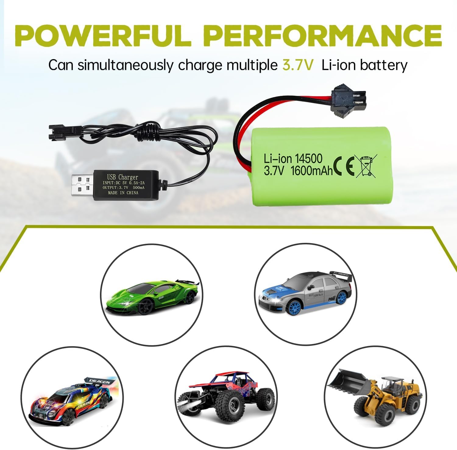 YUNIQUE GREEN-CLEAN-POWER Akumulator litowo-jonowy 3,7 V 1600 mAh ze złączem SM-2P + kabel USB - kompatybilny z samochodami RC 9962 8837 i samochodami inżynieryjnymi