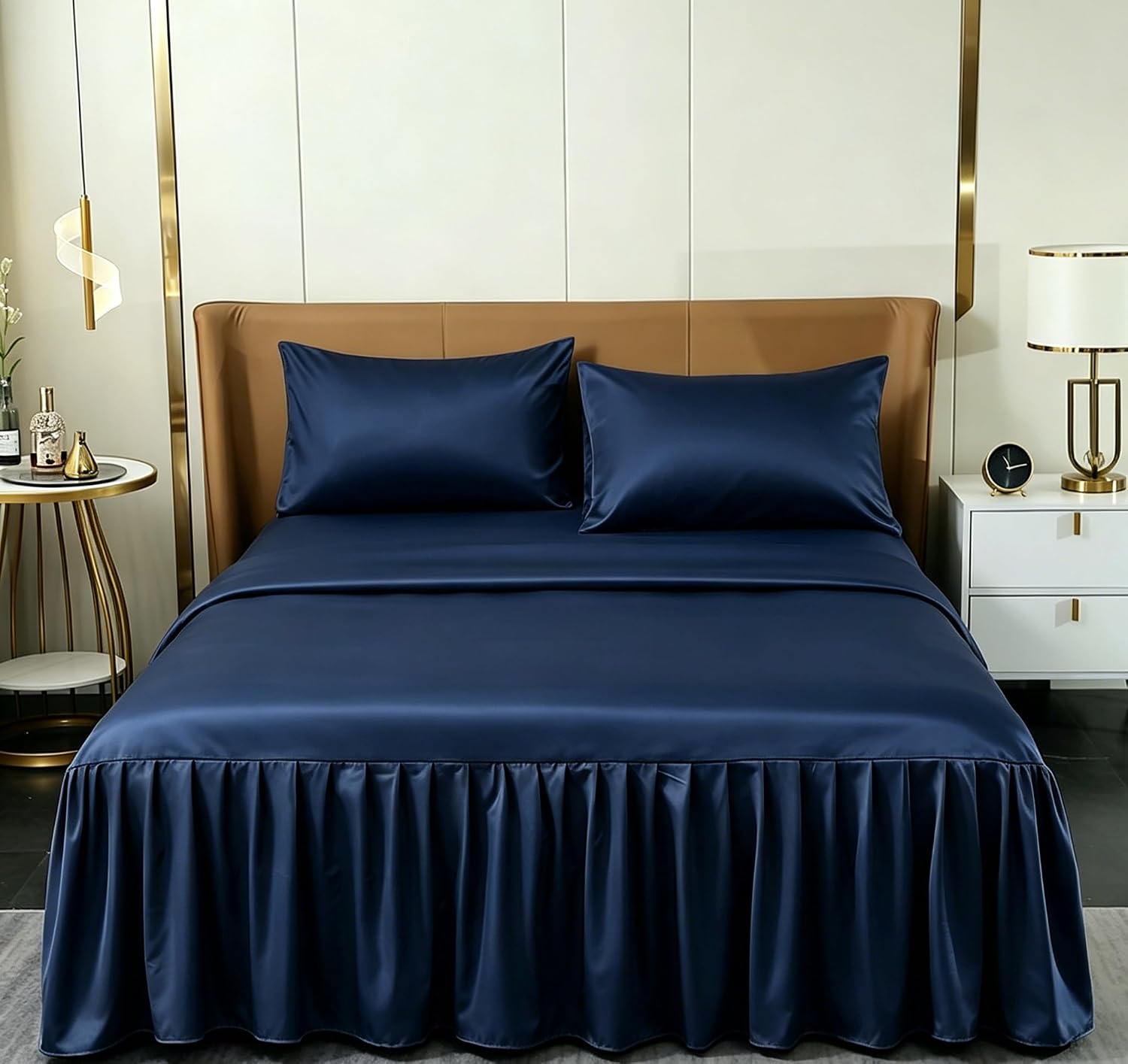 Ruffle Bed Skirt Wrap Around Silky Satin with Platform ，White：Twin image 2
