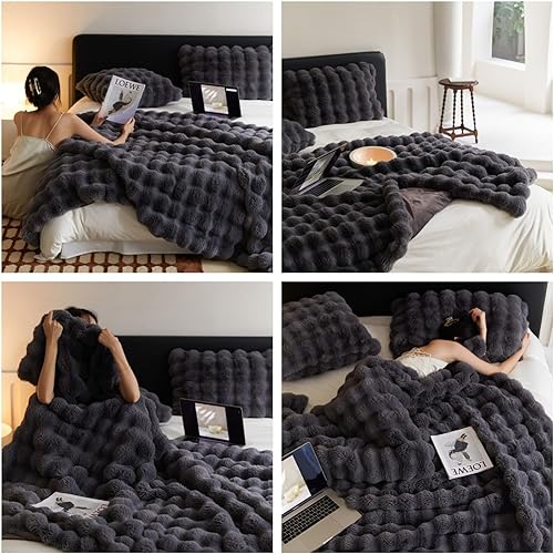 Miniatura 5 de Manta de piel de conejo sintética tamaño individual  Acogedora manta de felpa mullida para la siesta tamaño Queen para sofá, sillón, sala de estar,