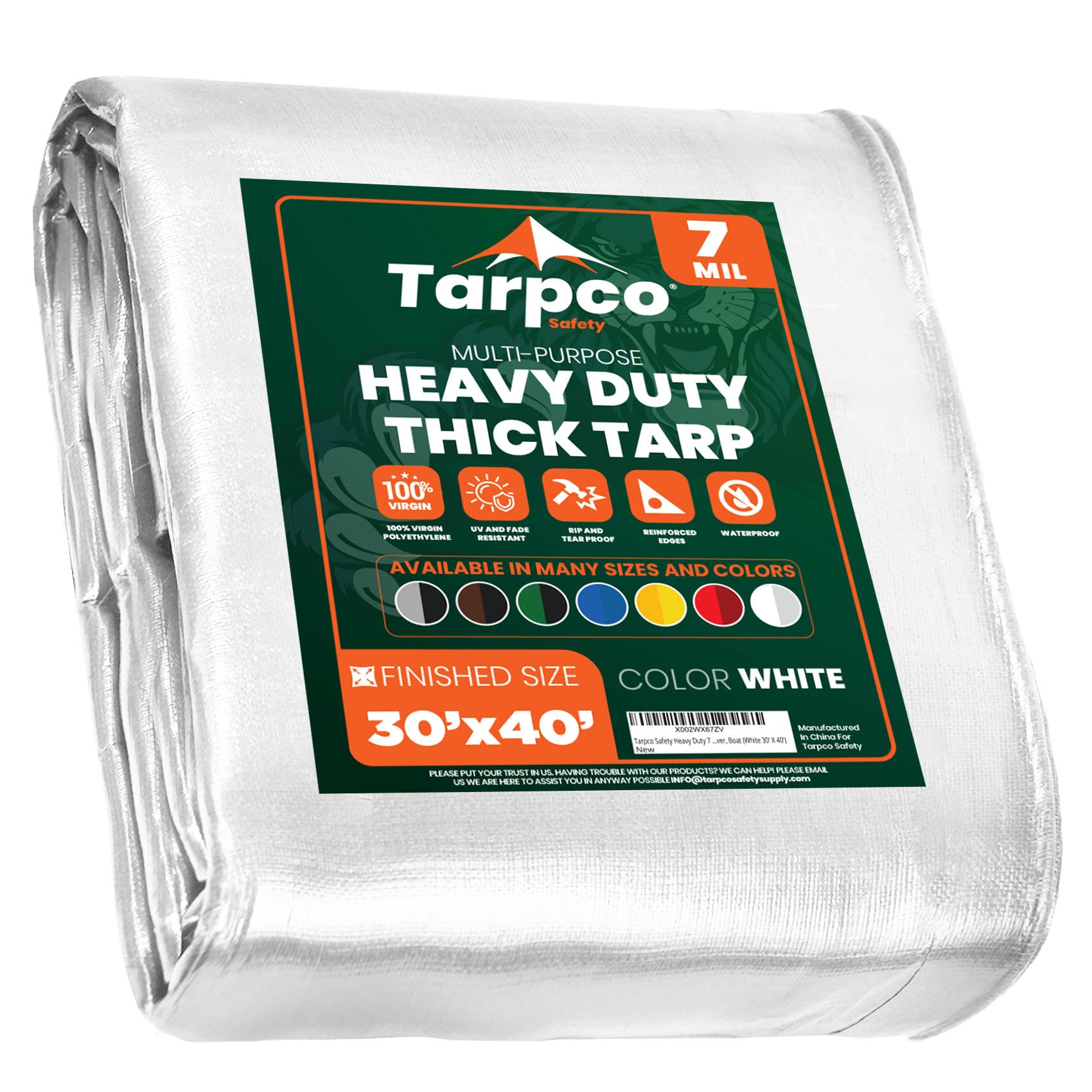 Heavy Duty 7 Mil Tarp Cover, Waterproof, UV Resistant, Rip and Tear Proof, Poly Tarpaulin with Reinforced Edges for Roof, Camping, Patio, Pool Cover, Boat (White 30′ X 40′)