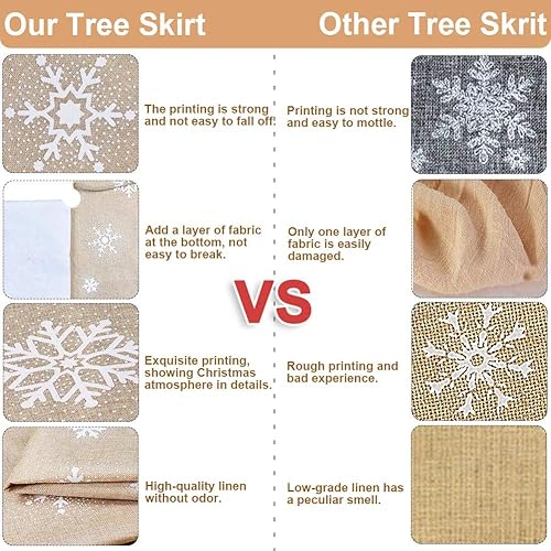 Miniatura 3 de AerWo Falda de árbol de Navidad de 48 pulgadas con copo de nieve blanco, falda de árbol de arpillera con lados de piel, faldas de árbol de Navidad