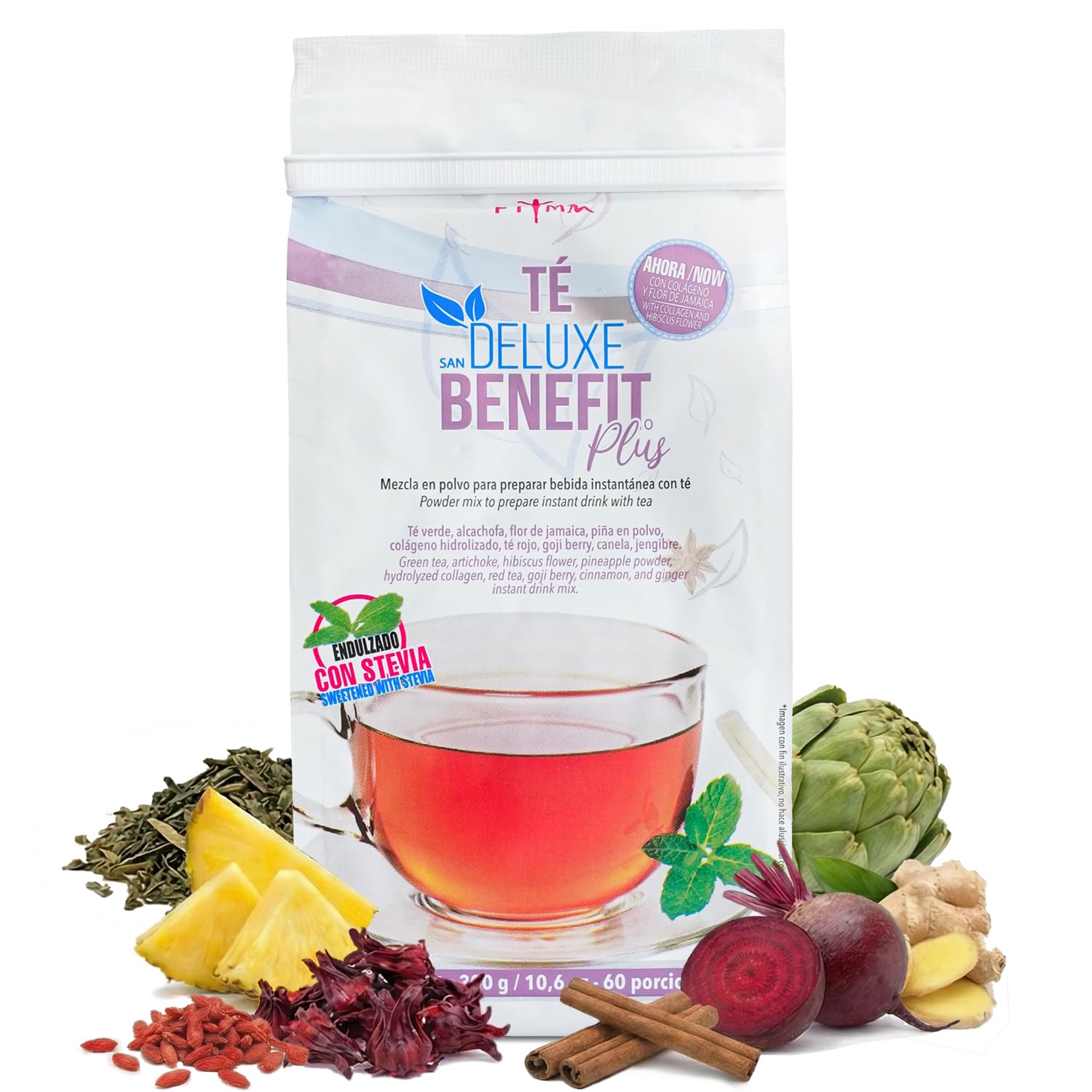 Té Deluxe Benefit Plus – Premium Herbal Tea Blend with Green & Red Tea, Ginger, Artichoke, Hibiscus & Spices. Natural Flavor, Stevia Sweetened - 60 Servings