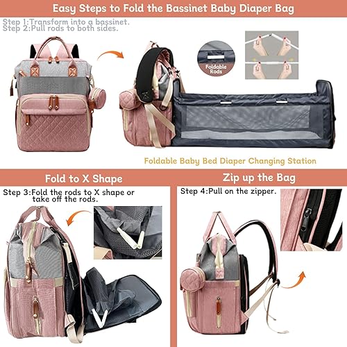 Miniatura 9 de Bolsa de pañales con cambiador, mochila impermeable 3 en 1 para pañales para bebé con cambiador plegable, rosa-gris Rosado/Gris,Azul,Negro