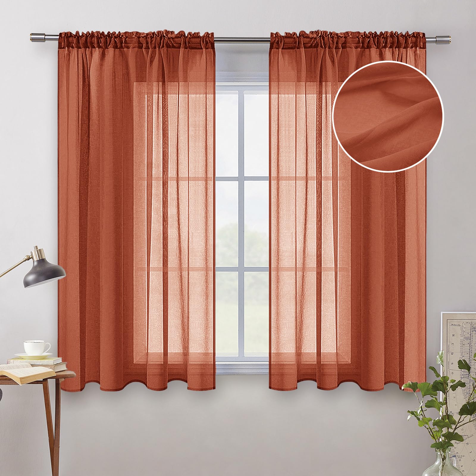 Photo 1 of MIULEE Terracotta Linen Textured Sheer Curtains 2 Panels for Kitchen/Bedroom/Living Room Semi Transparent Voile Drapes Rust Boho Farmhouse Fall Decor Window Panels Rod Pocket, W 54 x L 45 Inches Long