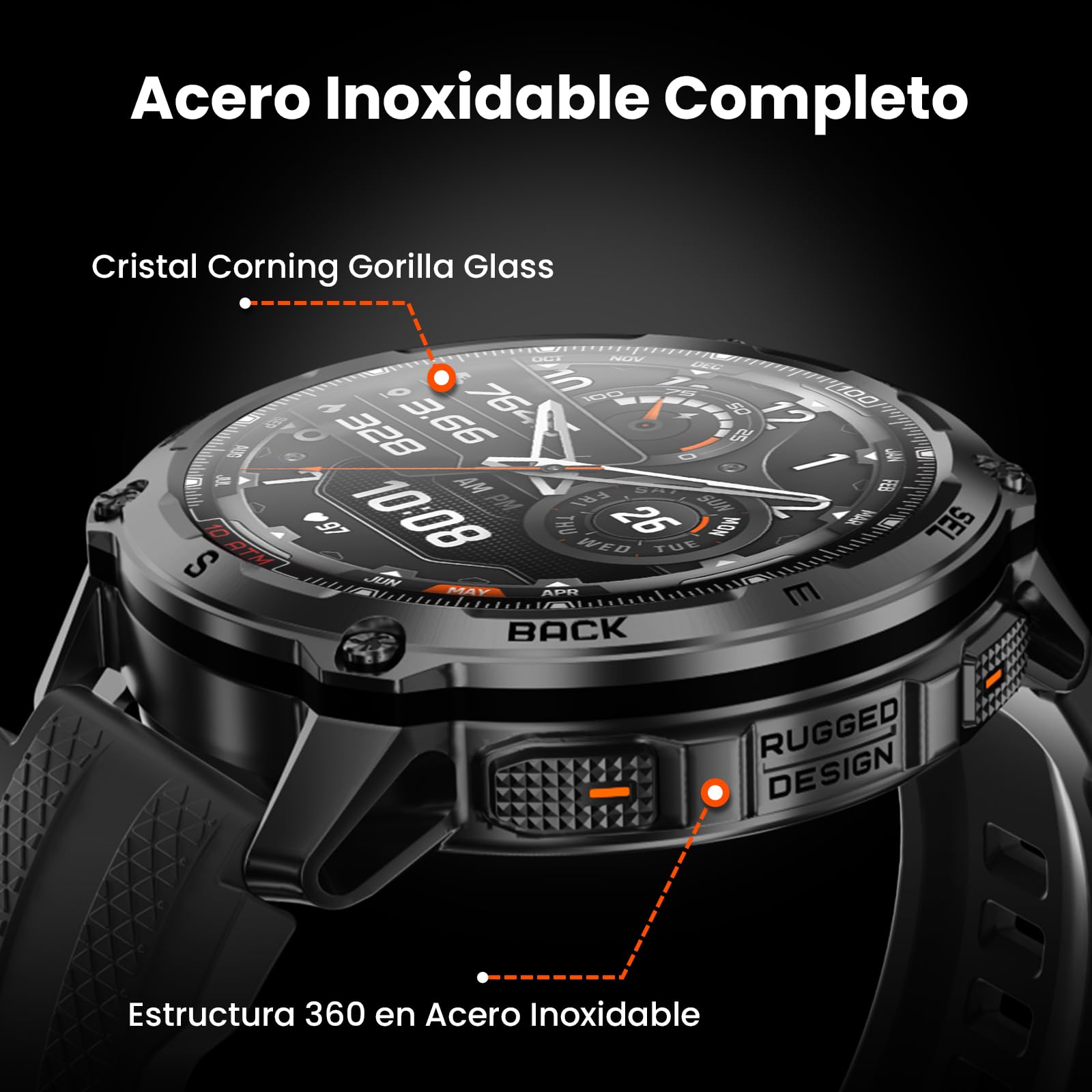 KOSPET Tank T4 GPS Smartwatch con 2 Correas (1 de Acero Inoxidable), Ideal para Uso Diario y Deporte, con Cambio rápido (Nero)