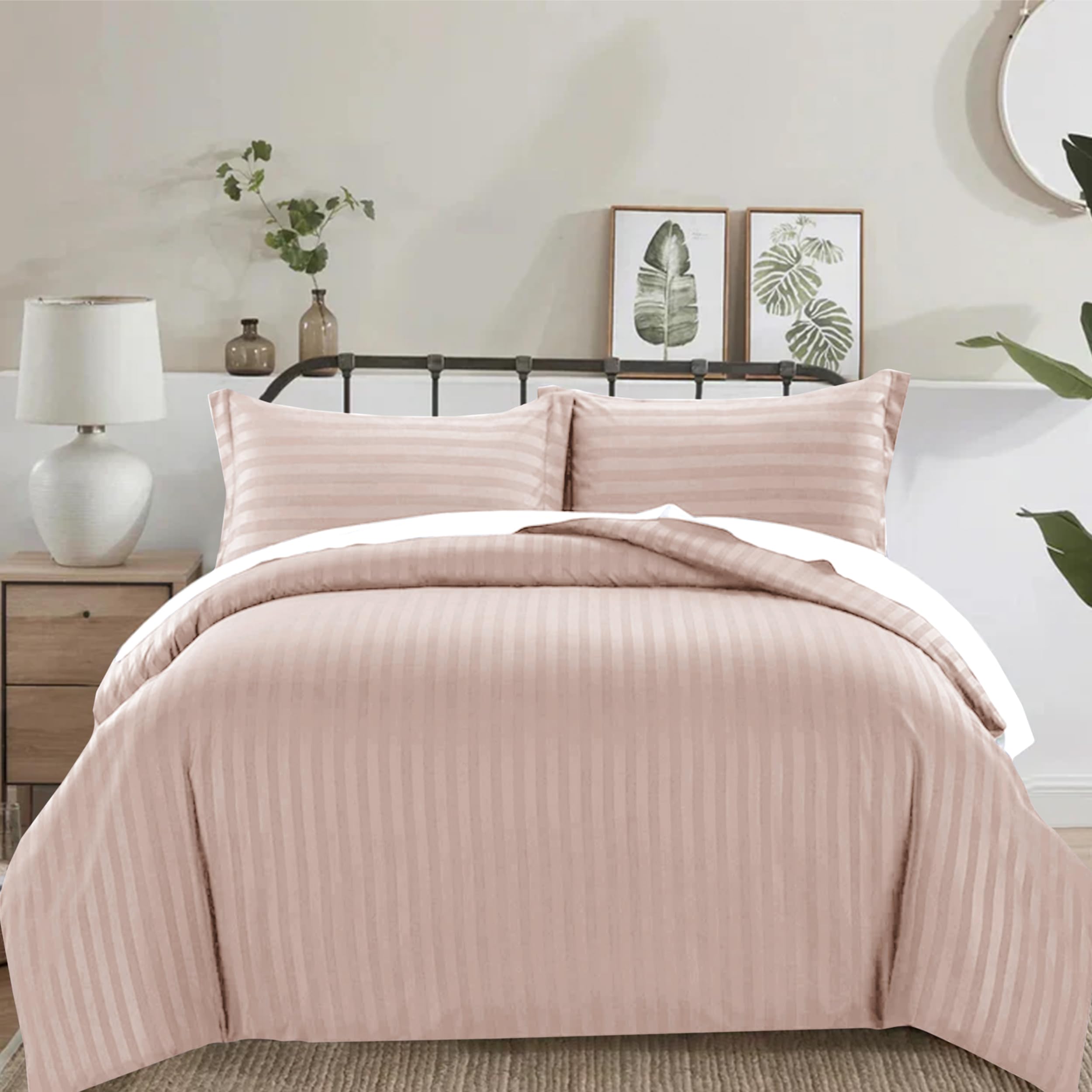 PRIME LINENS 4 Piece Duvet Cover Set Stripes Satin Quilt Cover Bedding Set with Pillowcase and Extra Fitted Sheet Included Machine Wash Hotel Quality (Pink, Super King)