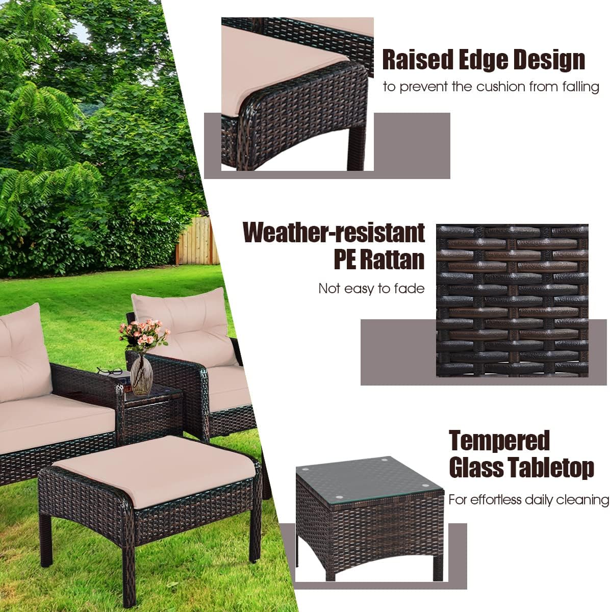 5 Pieces Patio Furniture Set, Rattan Wicker Lounge Chair Outdoor Conversation Set with 2 Ottomans & Tempered Glass Top Coffee Table, Sectional Set for Garden, Porch, Poolside(Brown)
